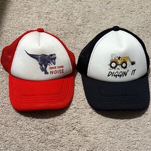 Kids Fun Caps with Dinosaur and Tractor - Red and Black by Tiny Trucker Co